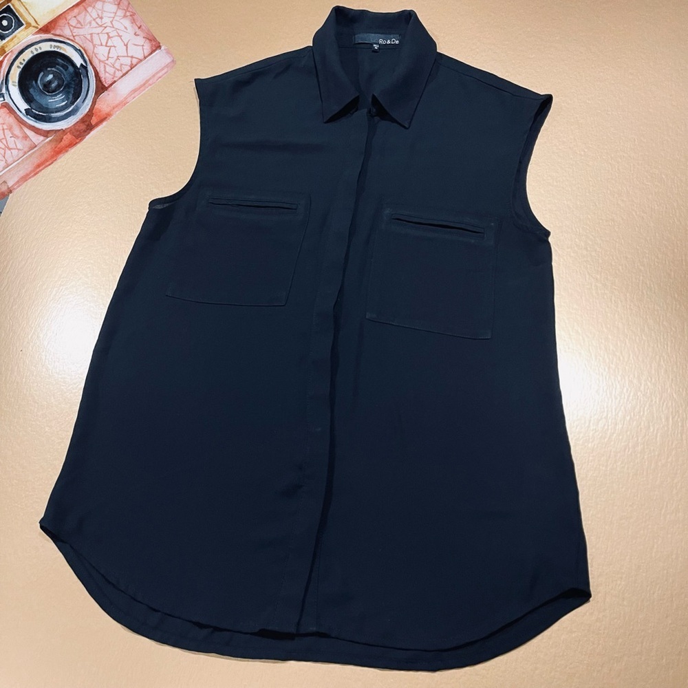 Ro & De Black Organza Sleeveless Button Down Blouse XS